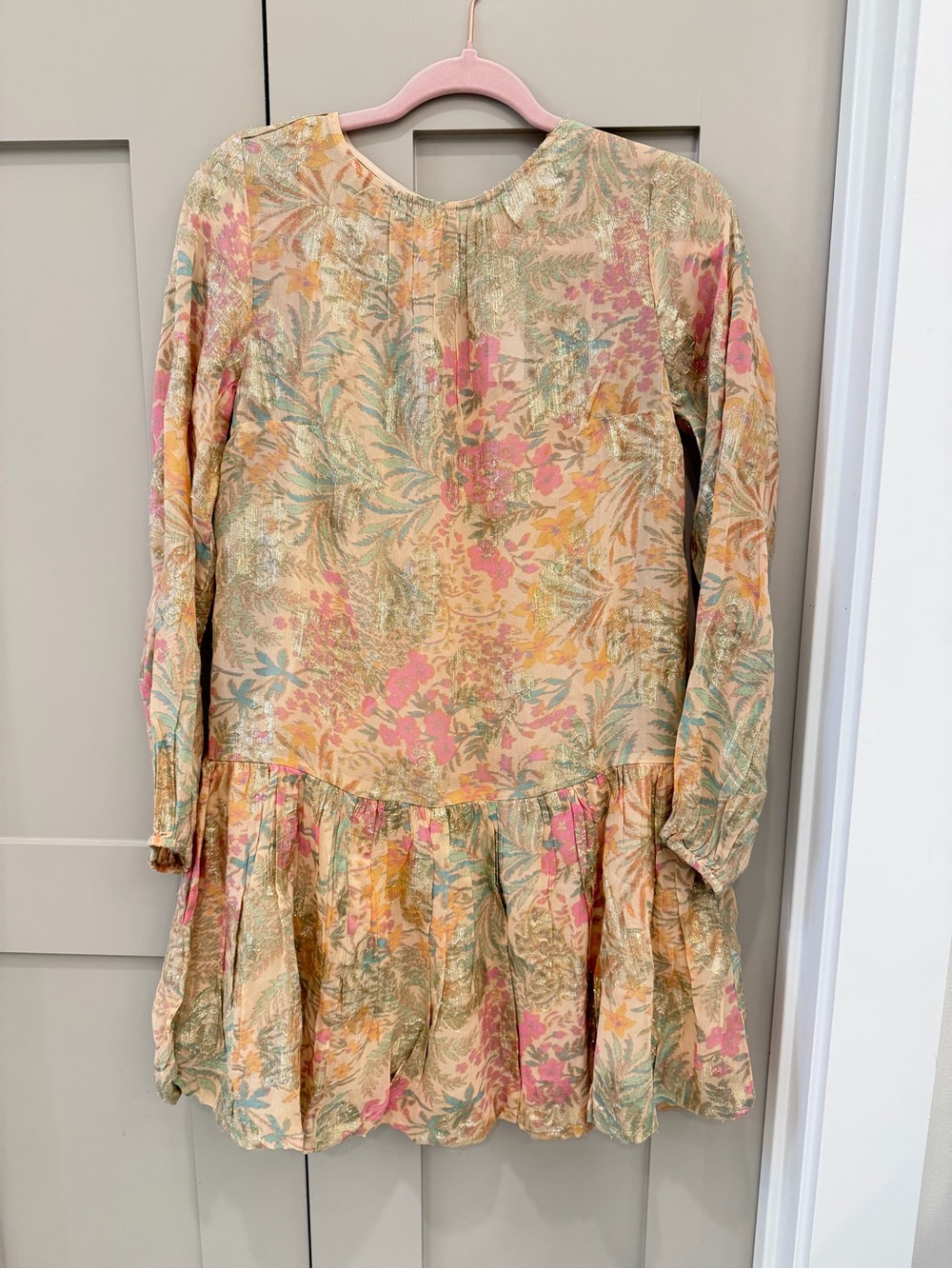 LOFT Pastel Floral Long-Sleeve Peplum Dress in Pink and Cream